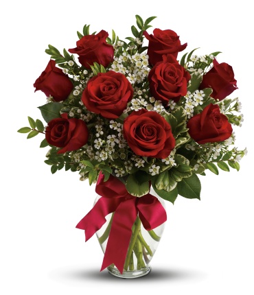 3 red roses in a vase