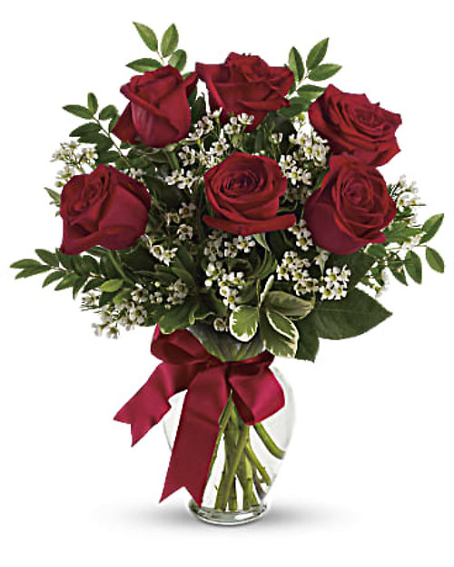 6 red roses in a vase