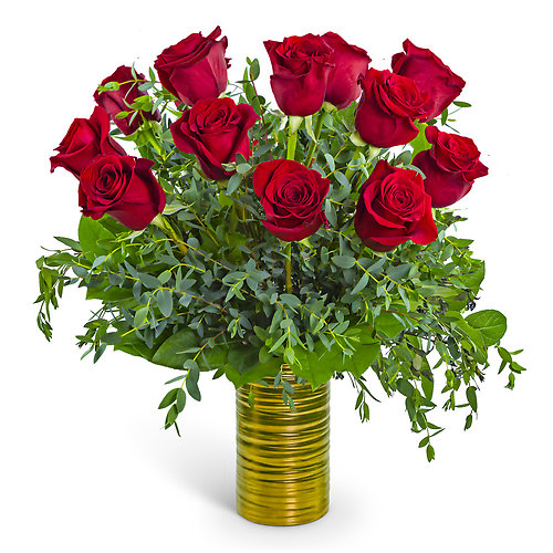 One Dozen Ruby Red Roses in Gold