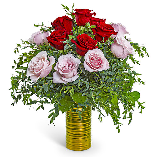 One Dozen Pink and Red Roses in Gold